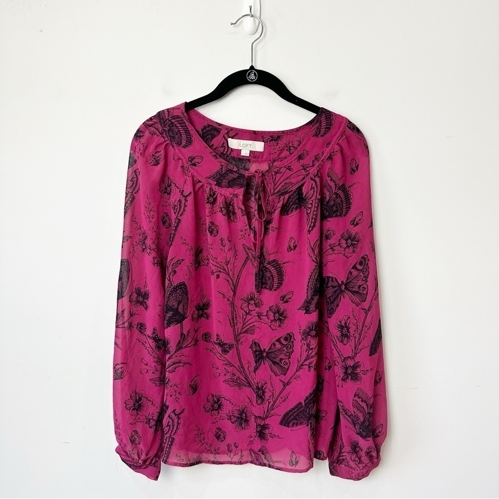 Loft Butterfly Print Magenta Pink Sheer Blouse Neck Tie